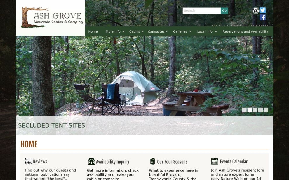 Ash Grove Resort Cabins website screen shot