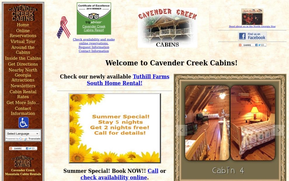 Cavender Creek Cabins website screen shot
